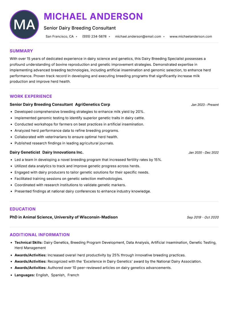 Dairy Breeding Specialist resume example — ATS-friendly template