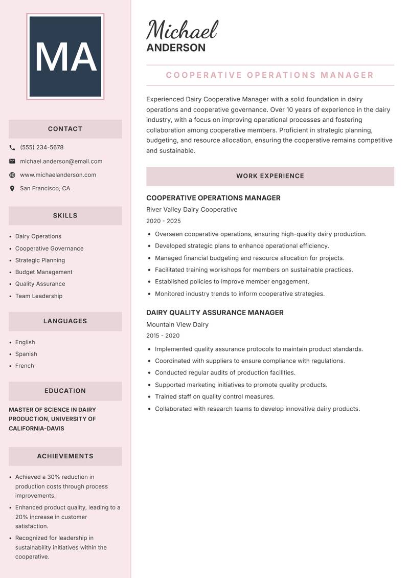 Dairy Cooperative Manager resume template — Executive