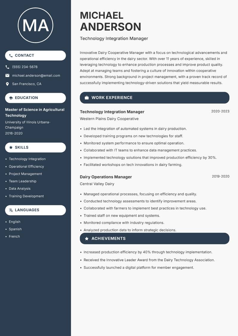 Dairy Cooperative Manager resume template — Compact