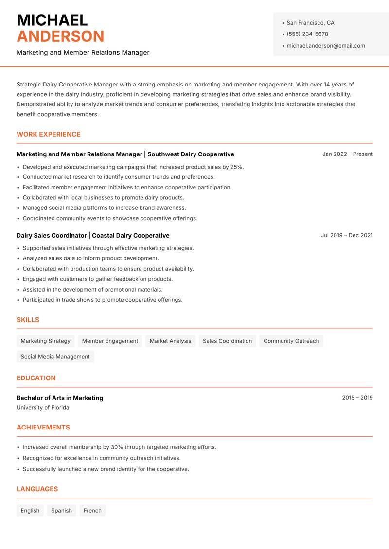 Dairy Cooperative Manager resume template — Modern Professional