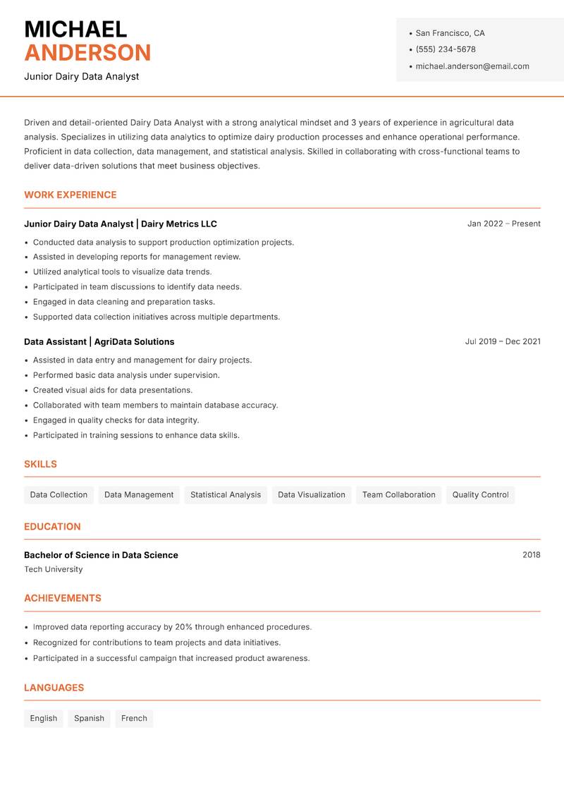 Dairy Data Analyst resume template — Modern Professional