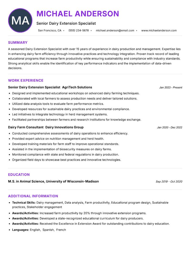Dairy Extension Specialist resume example — ATS-friendly template