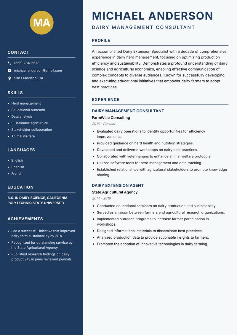 Dairy Extension Specialist resume template — Classic Clean