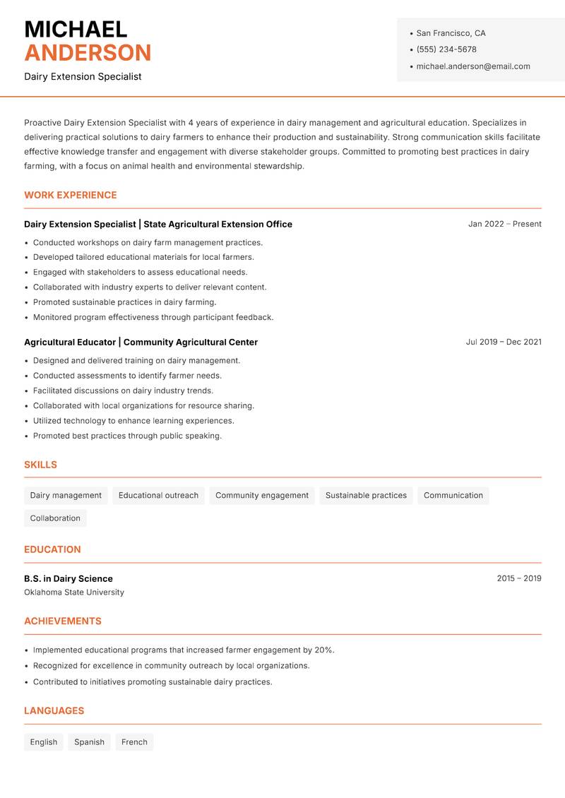 Dairy Extension Specialist resume template — Modern Professional