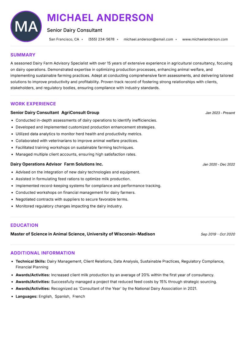 Dairy Farm Advisory Specialist resume example — ATS-friendly template