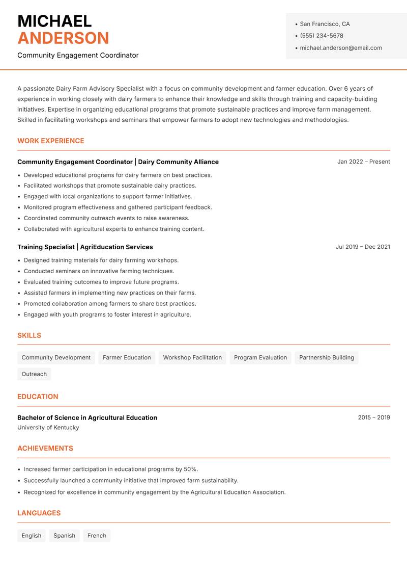 Dairy Farm Advisory Specialist resume template — Modern Professional