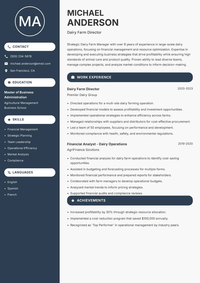 Dairy Farm Manager resume template — Compact