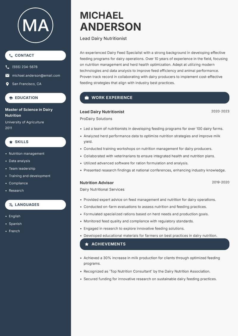 Dairy Feed Specialist resume template — Compact