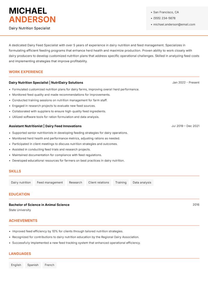 Dairy Feed Specialist resume template — Modern Professional