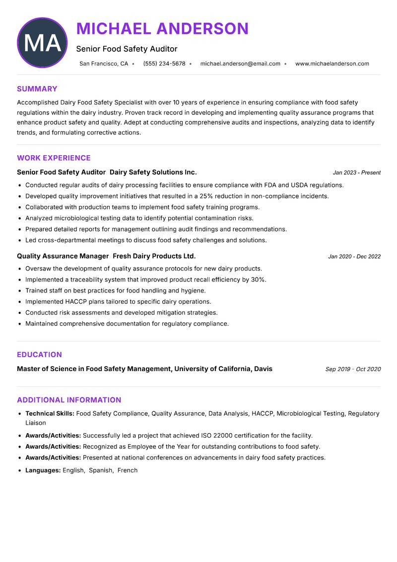 Dairy Food Safety Specialist resume example — ATS-friendly template