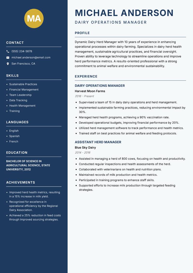 Dairy Herd Manager resume template — Classic Clean