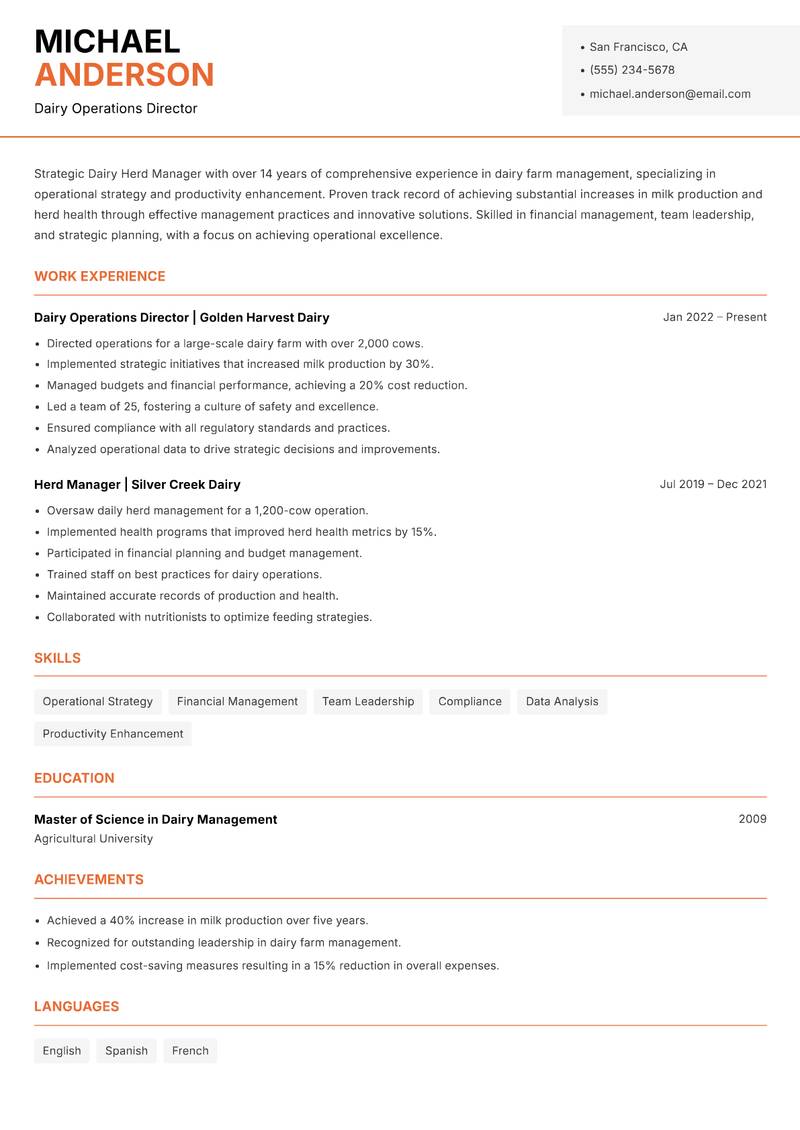 Dairy Herd Manager resume template — Modern Professional