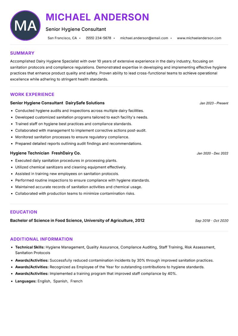 Dairy Hygiene Specialist resume example — ATS-friendly template