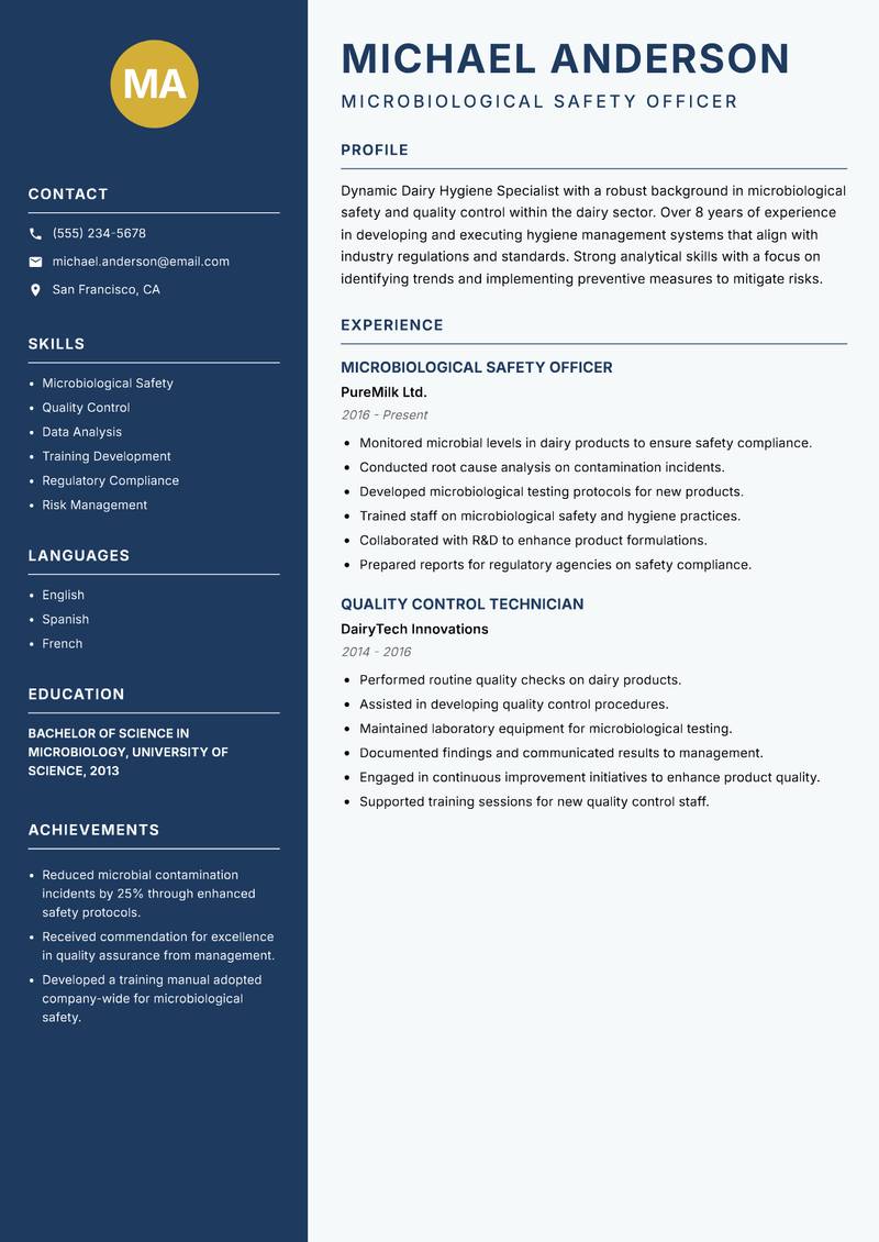 Dairy Hygiene Specialist resume template — Classic Clean