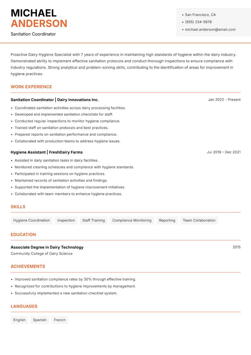 Dairy Hygiene Specialist resume template — Modern Professional
