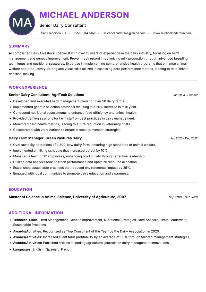 Dairy Livestock Specialist resume example — ATS-friendly template
