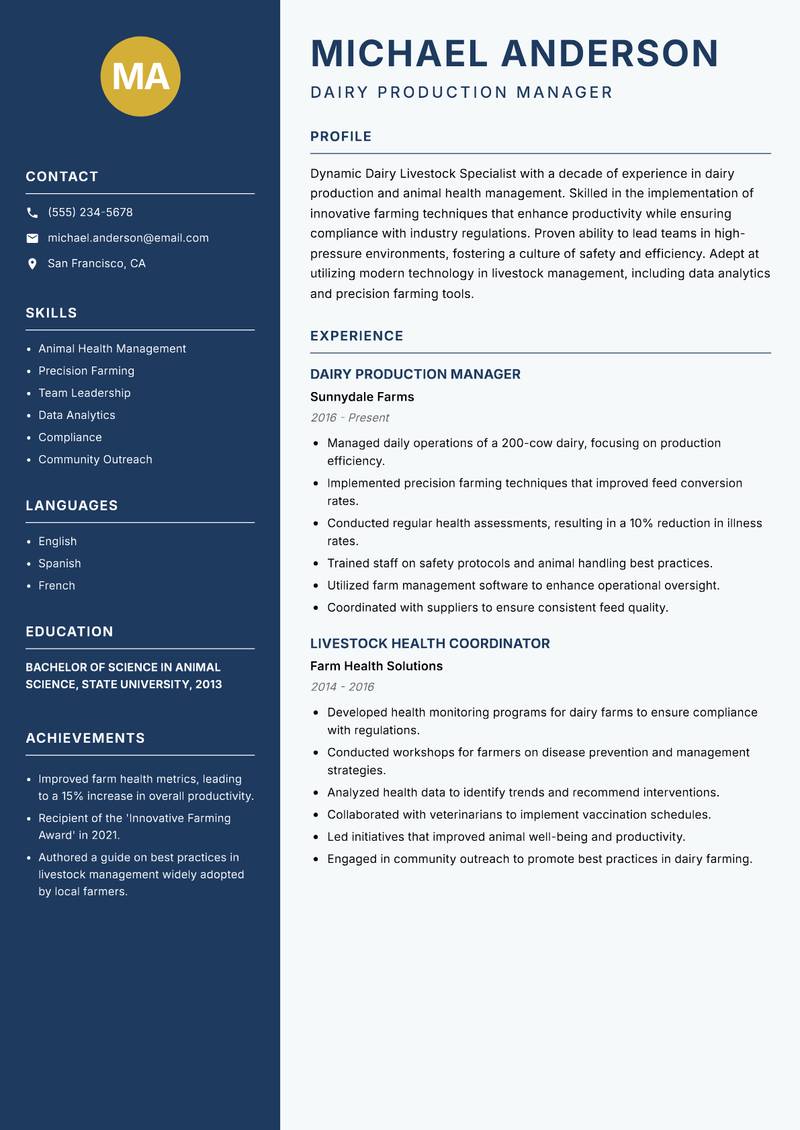 Dairy Livestock Specialist resume template — Classic Clean
