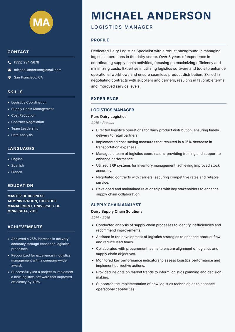 Dairy Logistics Specialist resume template — Classic Clean