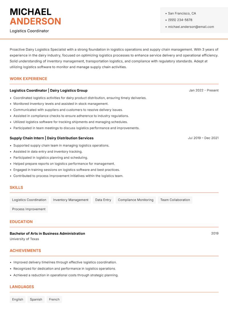 Dairy Logistics Specialist resume template — Modern Professional