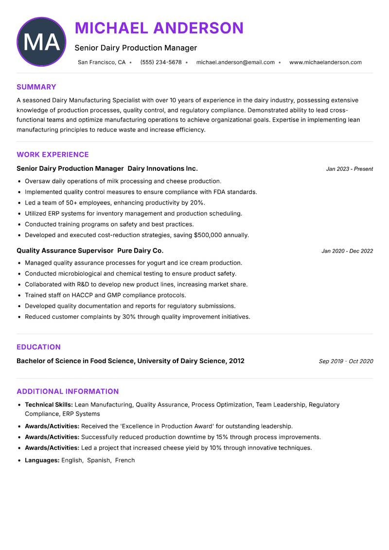 Dairy Manufacturing Specialist resume example — ATS-friendly template