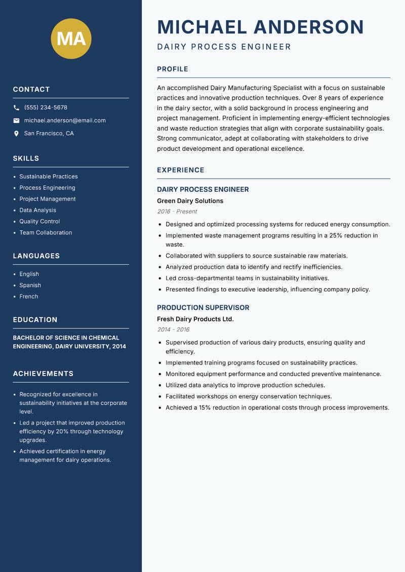 Dairy Manufacturing Specialist resume template — Classic Clean