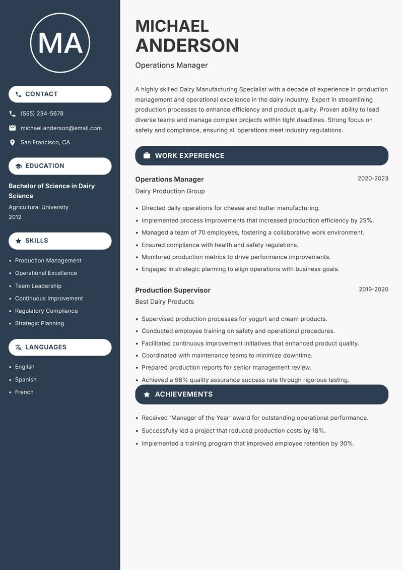 Dairy Manufacturing Specialist resume template — Compact