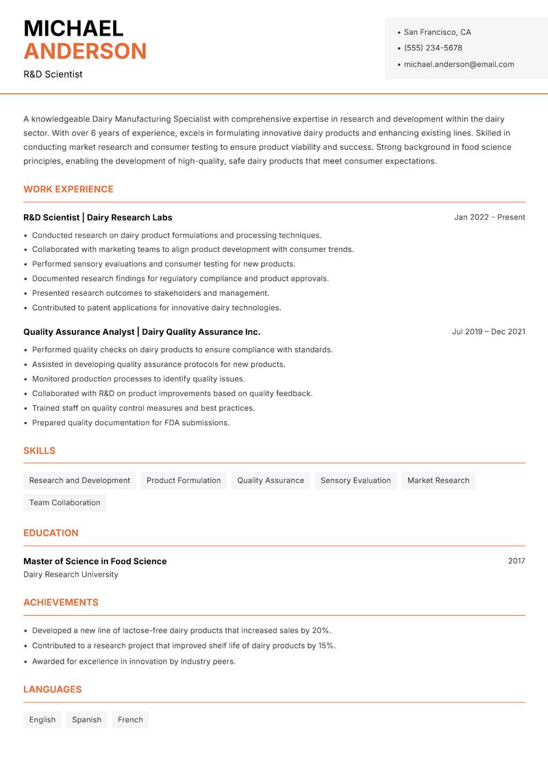 Dairy Manufacturing Specialist resume template — Modern Professional