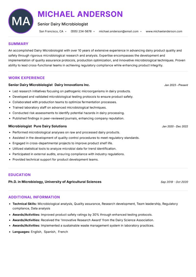 Dairy Microbiologist resume example — ATS-friendly template