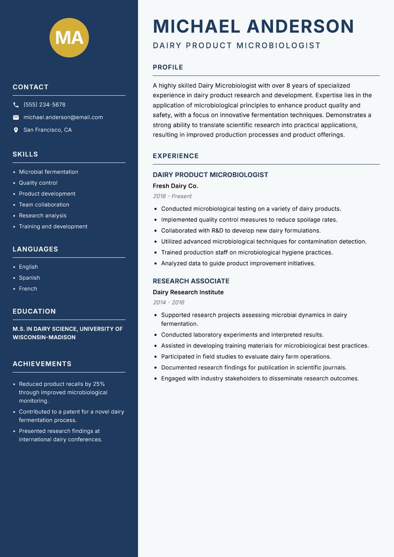 Dairy Microbiologist resume template — Classic Clean