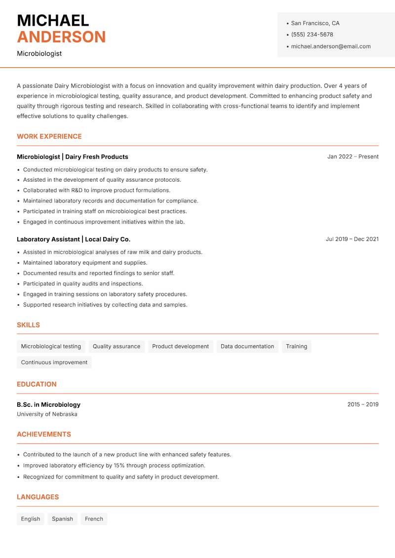 Dairy Microbiologist resume template — Modern Professional