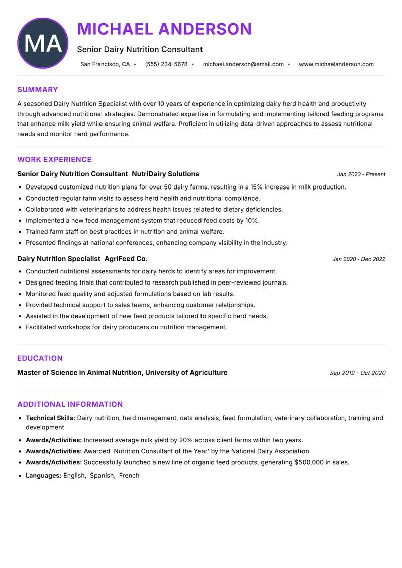 Dairy Nutrition Specialist resume example — ATS-friendly template
