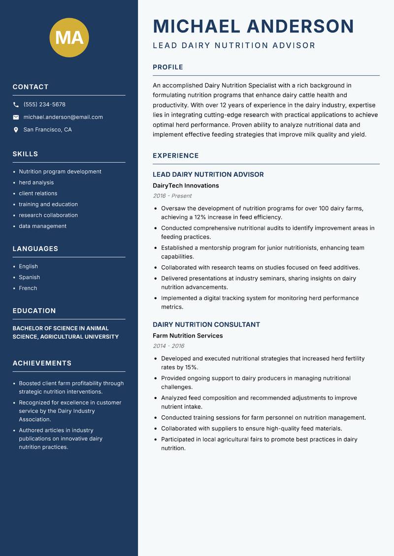 Dairy Nutrition Specialist resume template — Classic Clean