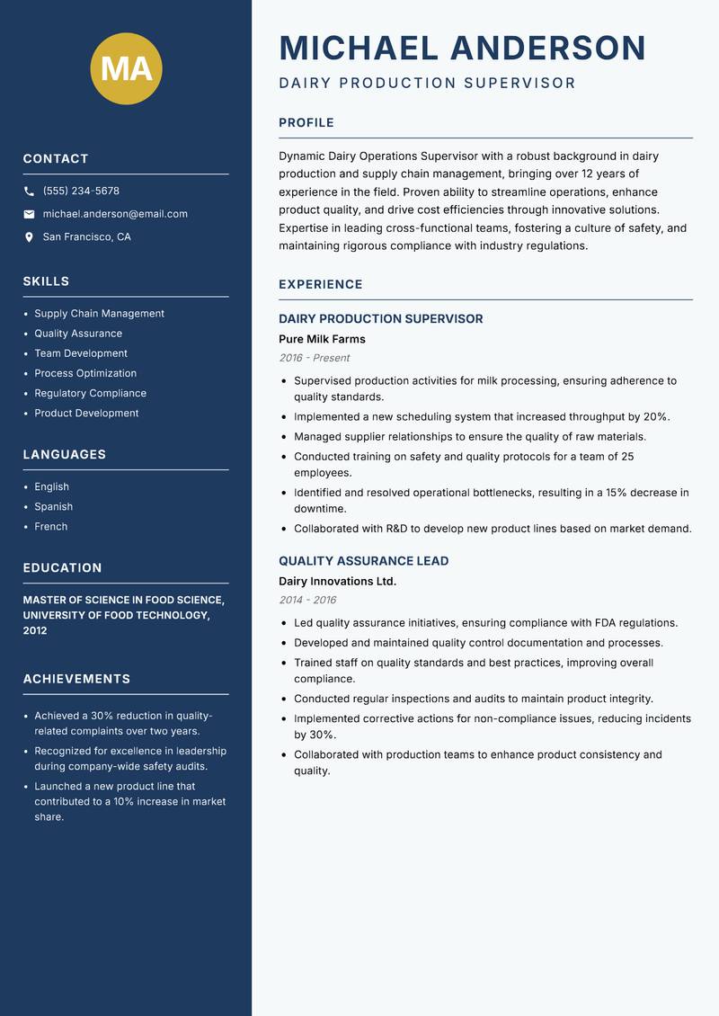 Dairy Operations Supervisor resume template — Classic Clean