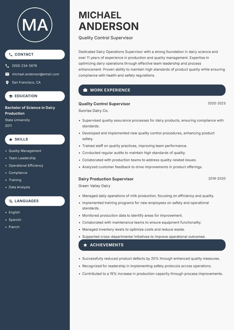 Dairy Operations Supervisor resume template — Compact