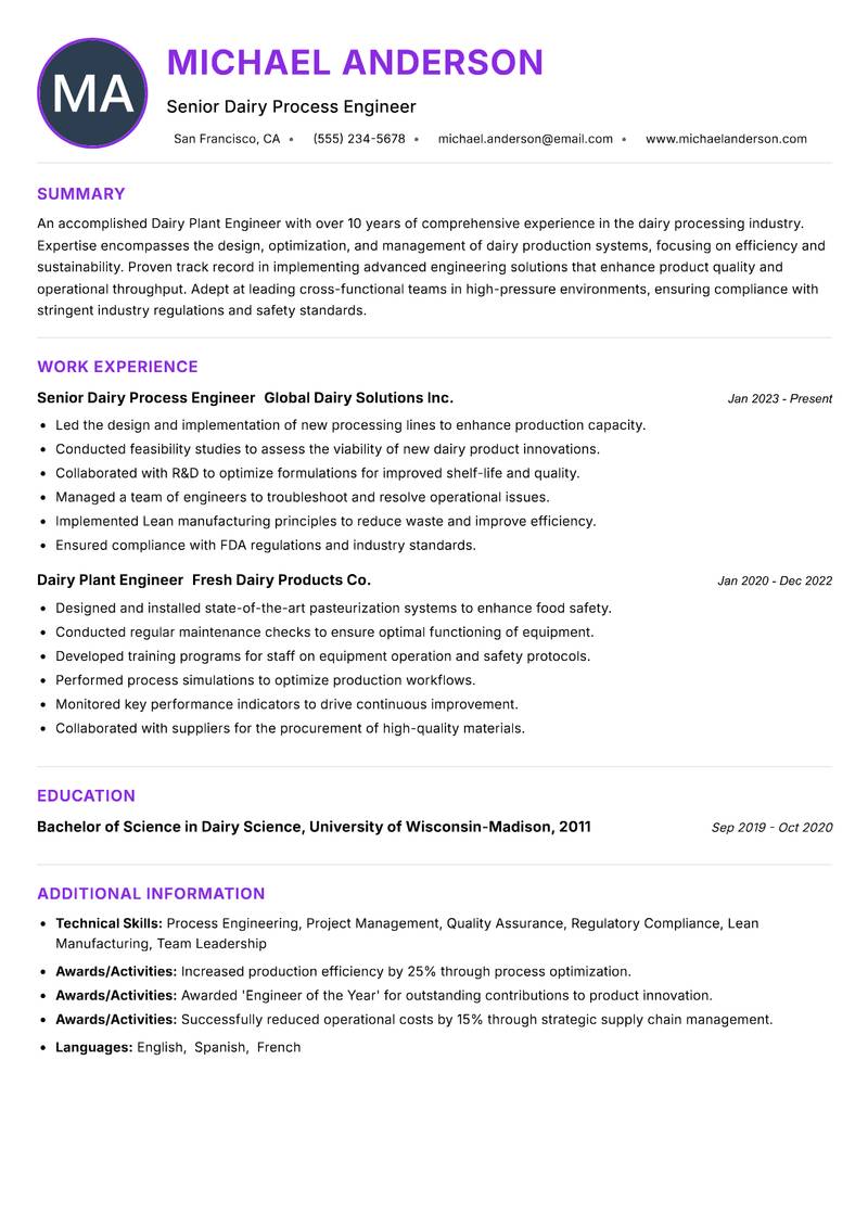 Dairy Plant Engineer resume example — ATS-friendly template