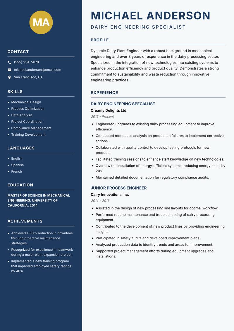 Dairy Plant Engineer resume template — Classic Clean