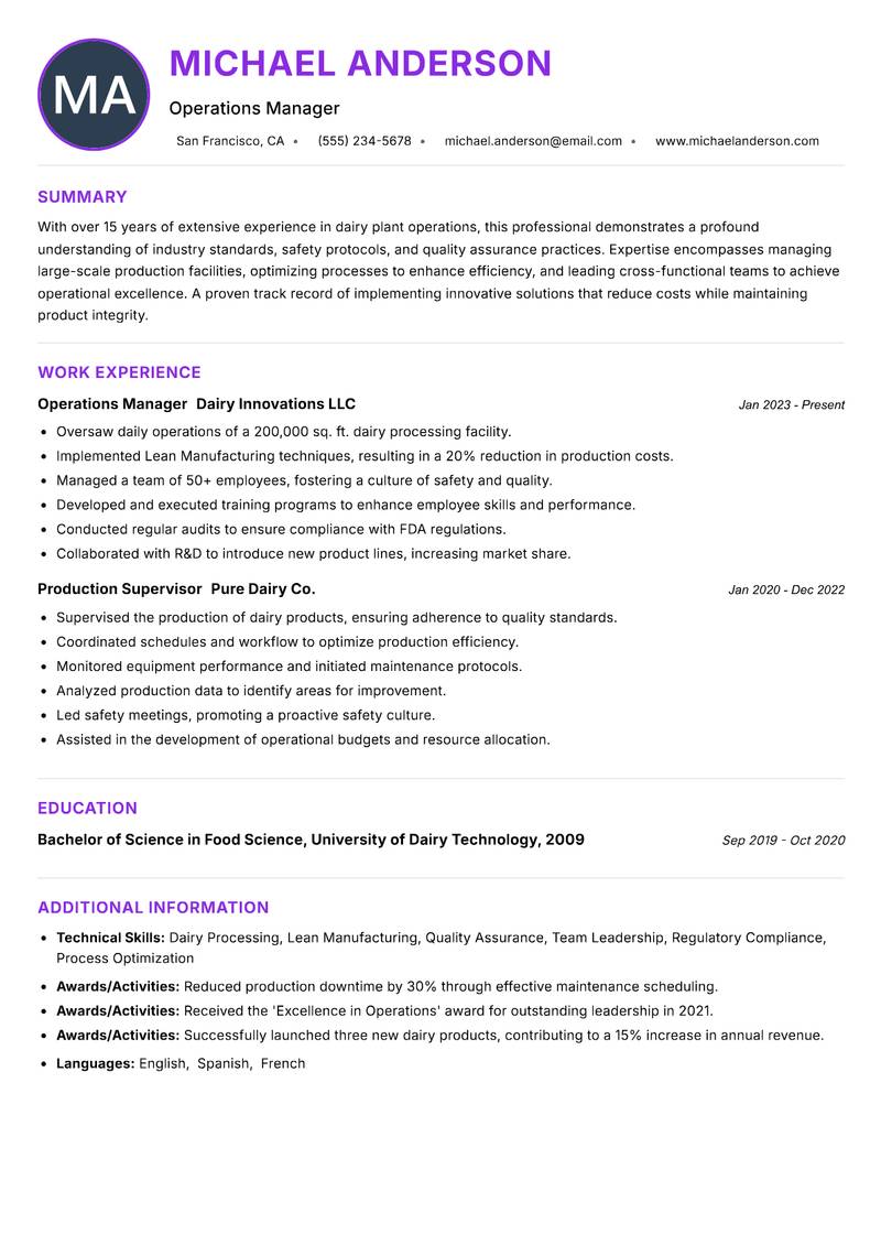 Dairy Plant Operations Specialist resume example — ATS-friendly template