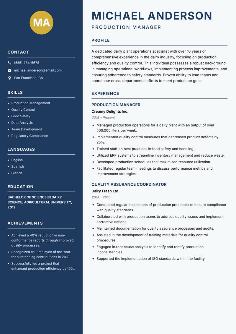 Dairy Plant Operations Specialist resume template — Classic Clean