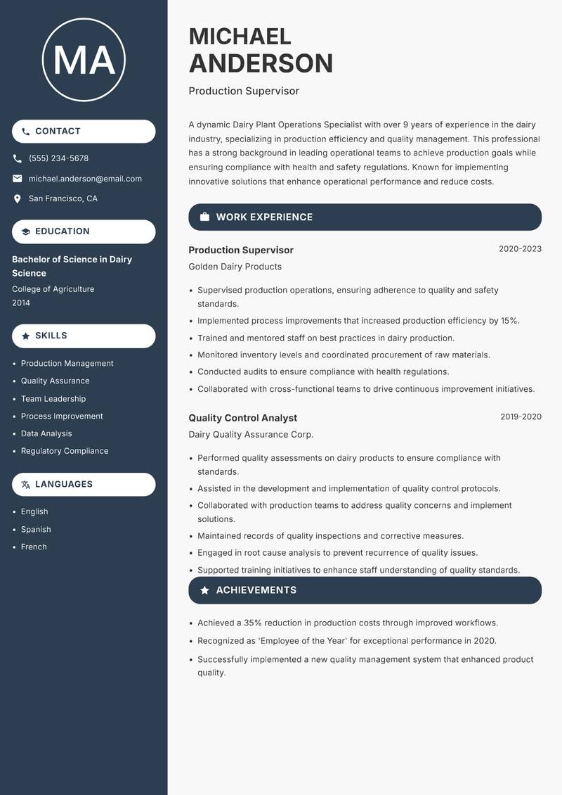 Dairy Plant Operations Specialist resume template — Compact