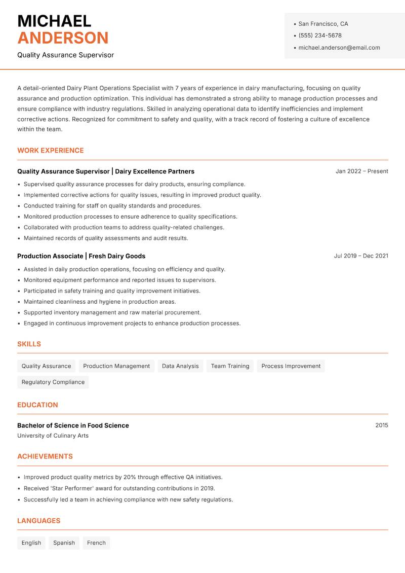 Dairy Plant Operations Specialist resume template — Modern Professional