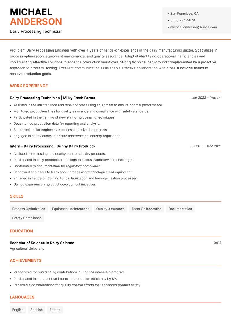 Dairy Processing Engineer resume template — Modern Professional