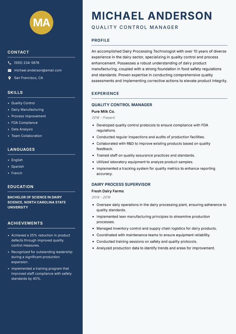 Dairy Processing Technologist resume template — Classic Clean