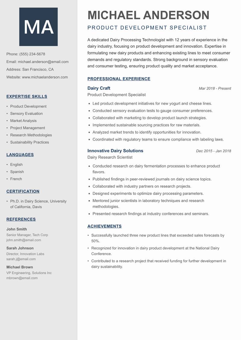 Dairy Processing Technologist resume template — Creative Minimal