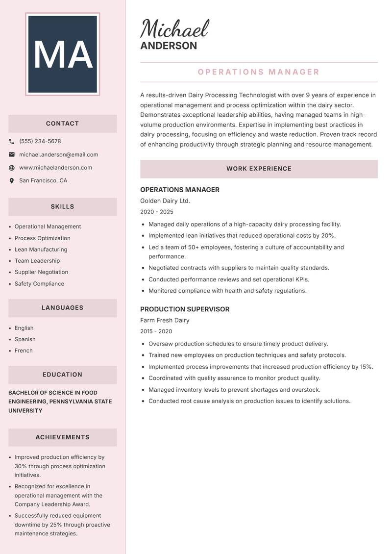 Dairy Processing Technologist resume template — Executive