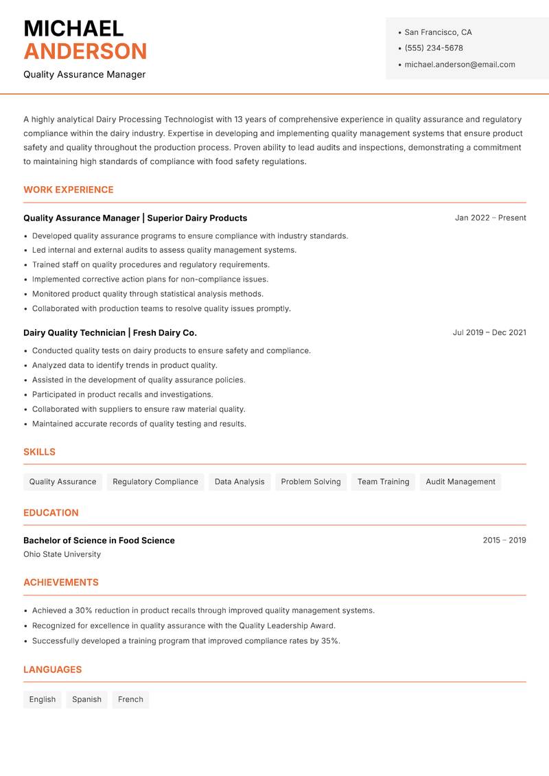 Dairy Processing Technologist resume template — Modern Professional