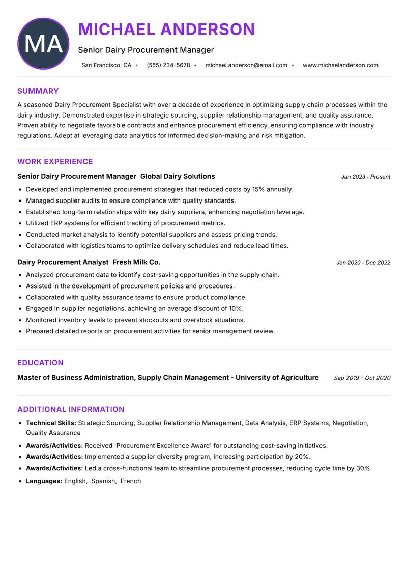 Dairy Procurement Specialist resume example — ATS-friendly template