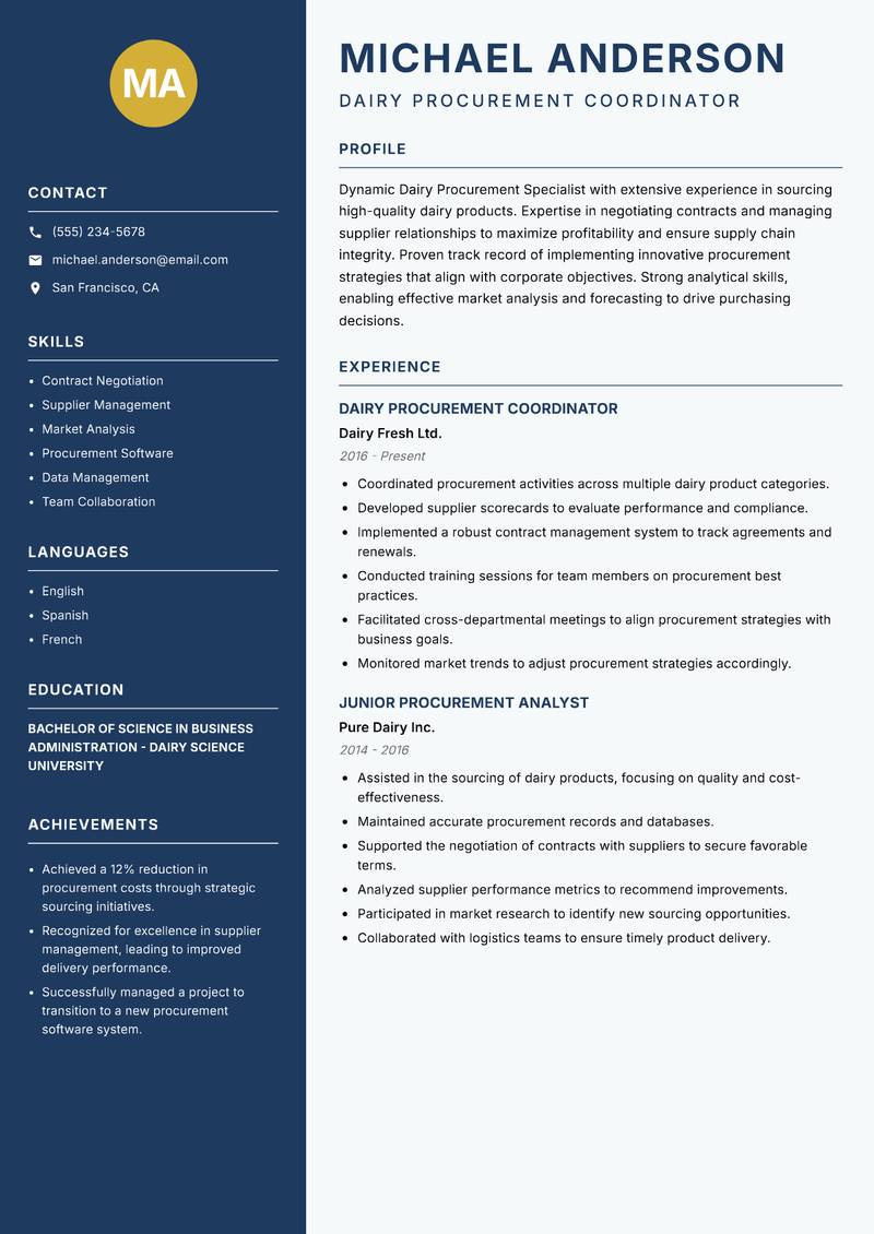 Dairy Procurement Specialist resume template — Classic Clean