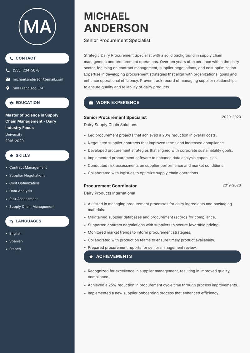 Dairy Procurement Specialist resume template — Compact