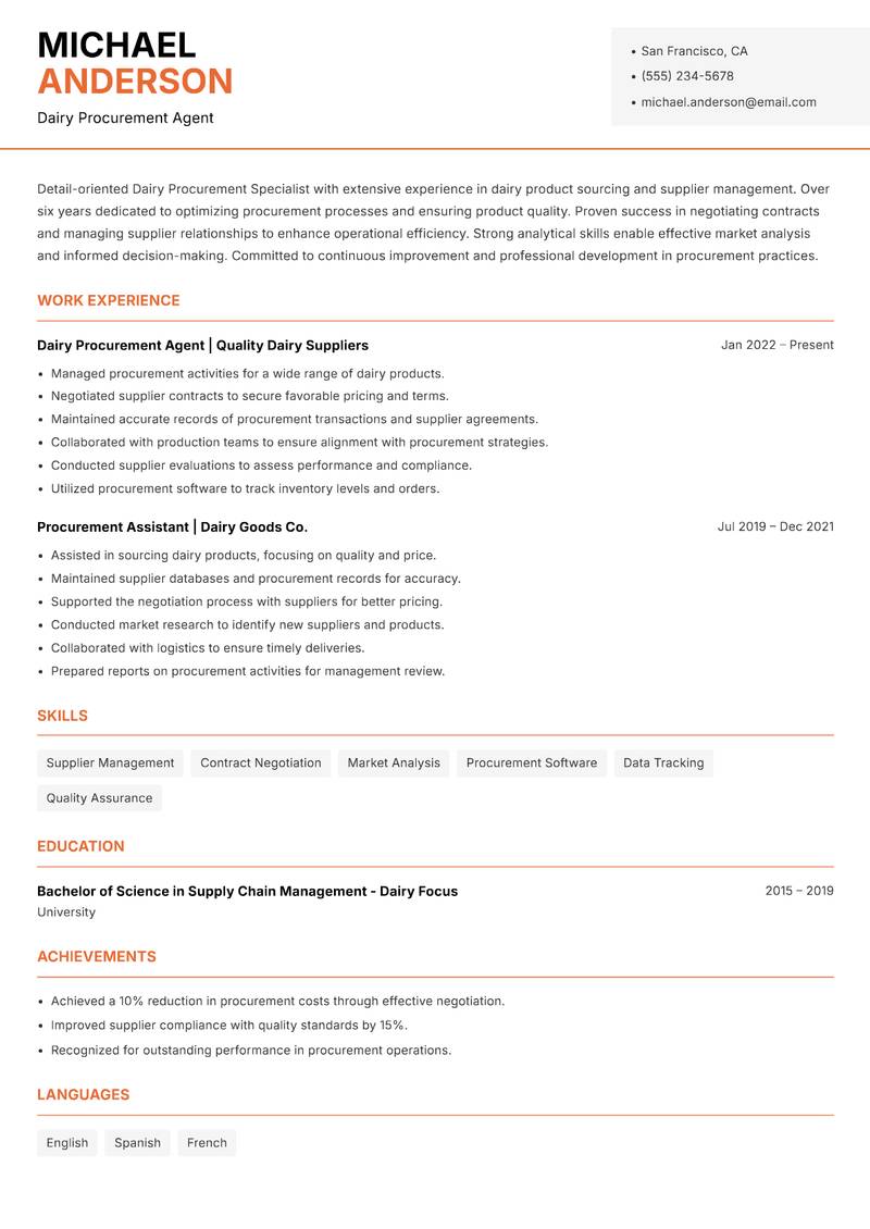 Dairy Procurement Specialist resume template — Modern Professional
