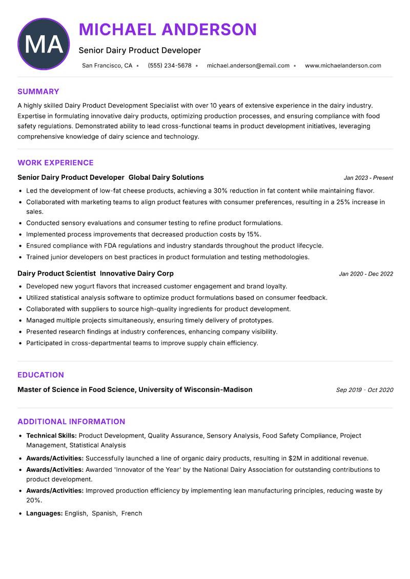 Dairy Product Development Specialist resume example — ATS-friendly template